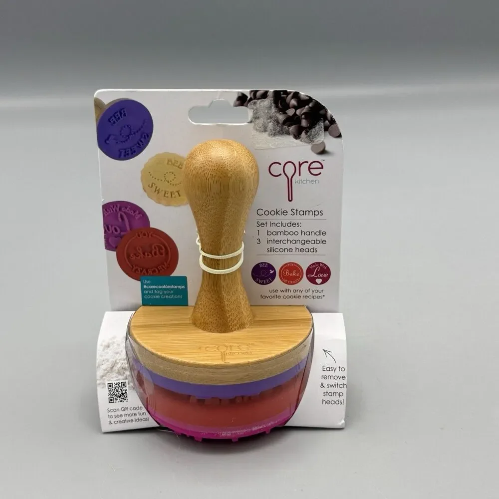 Core Kitchen Cookie Stamp Bamboo Handle 3 Interchangable Silicone Heads